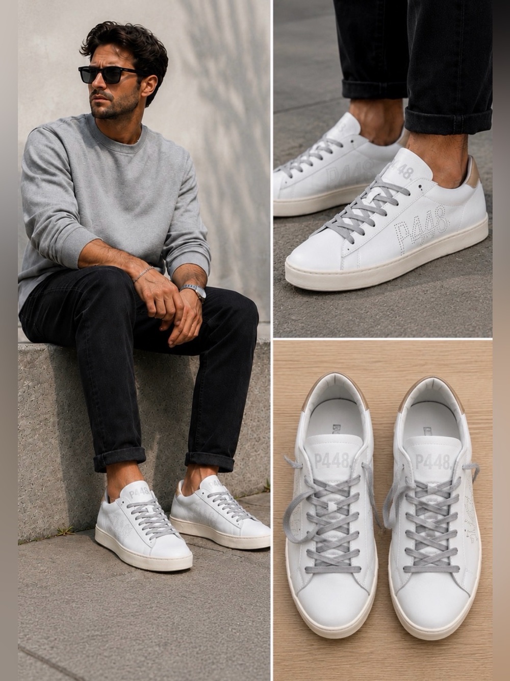 P448 Men’s White Gray Leather Sneakers Lace-Up Luxury Italian Shoes Size 42